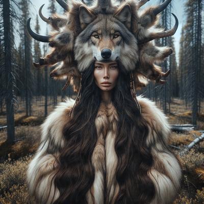 The primary subject of the image is a woman with long hair, wearing a headdress made of animal horns and a wolf's head. She is standing in a forest, surrounded by trees. The visual style of the image is a combination of photo and digital art, creating a unique and intriguing scene. The colors and mood of the image are dark and mysterious, with the woman's headdress and the wolf's head adding an element of fantasy and magic to the forest setting.